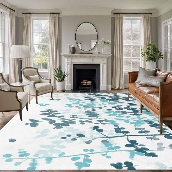 Large Area Rugs for Living Room Bedroom, Teal Blue Leaves 6'x9' Rug Washable Carpet Runner Indoor Outdoor, Summer Botanical Non Slip Floor Mats Rug for Kitchen, Playroom