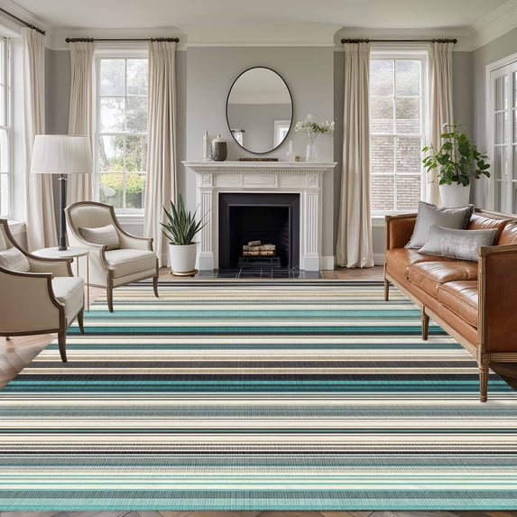 Large Area Rugs for Living Room Bedroom, Teal Blue Striped 8'x10' Rug Washable Carpet Runner Indoor Outdoor, Farmhouse Stripes Modern Abstract Art Non Slip Floor Mats Rug for Kitchen, Patio