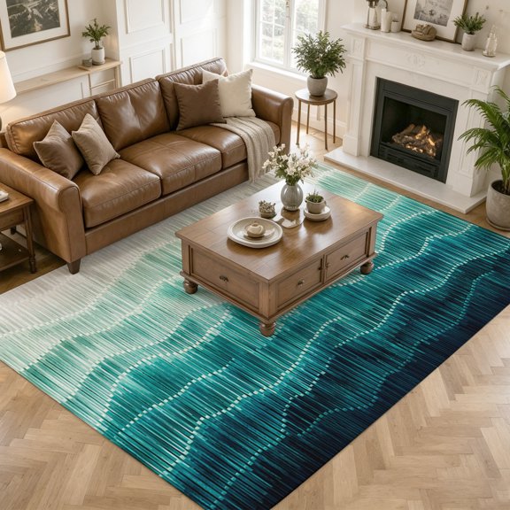 Large Area Rugs for Living Room Bedroom, Teal Blue Stripes 8'x10' Rug Washable Carpet Runner Indoor Outdoor, Modern Abstract Art Waves Non Slip Floor Mats Rug for Kitchen, Patio