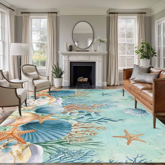 Large Area Rugs for Living Room Bedroom, Teal Coastal 5'x8' Rug Washable Carpet Runner Indoor Outdoor, Summer Beach Starfish Shell Coral Nautical Non Slip Floor Mats Rug for Kitchen, Bathroom