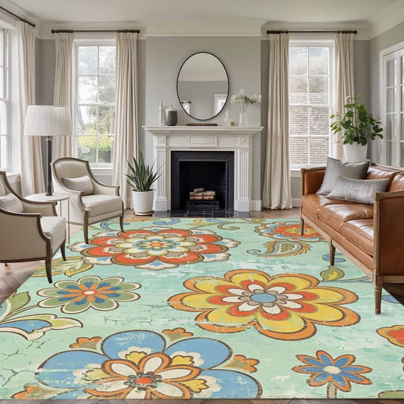 Large Area Rugs for Living Room Bedroom, Teal Green Boho Floral 8'x10' Rug Washable Carpet Runner Indoor Outdoor, Vintage Farmhouse Ethnic Flowers Non Slip Floor Mats Rug for Kitchen, Patio