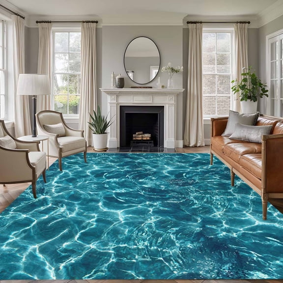 Large Area Rugs for Living Room Bedroom, Teal Green Ocean Waves 8'x10' Rug Washable Carpet Runner Indoor Outdoor, Summer Sea Pool Non Slip Floor Mats Rug for Kitchen, Patio