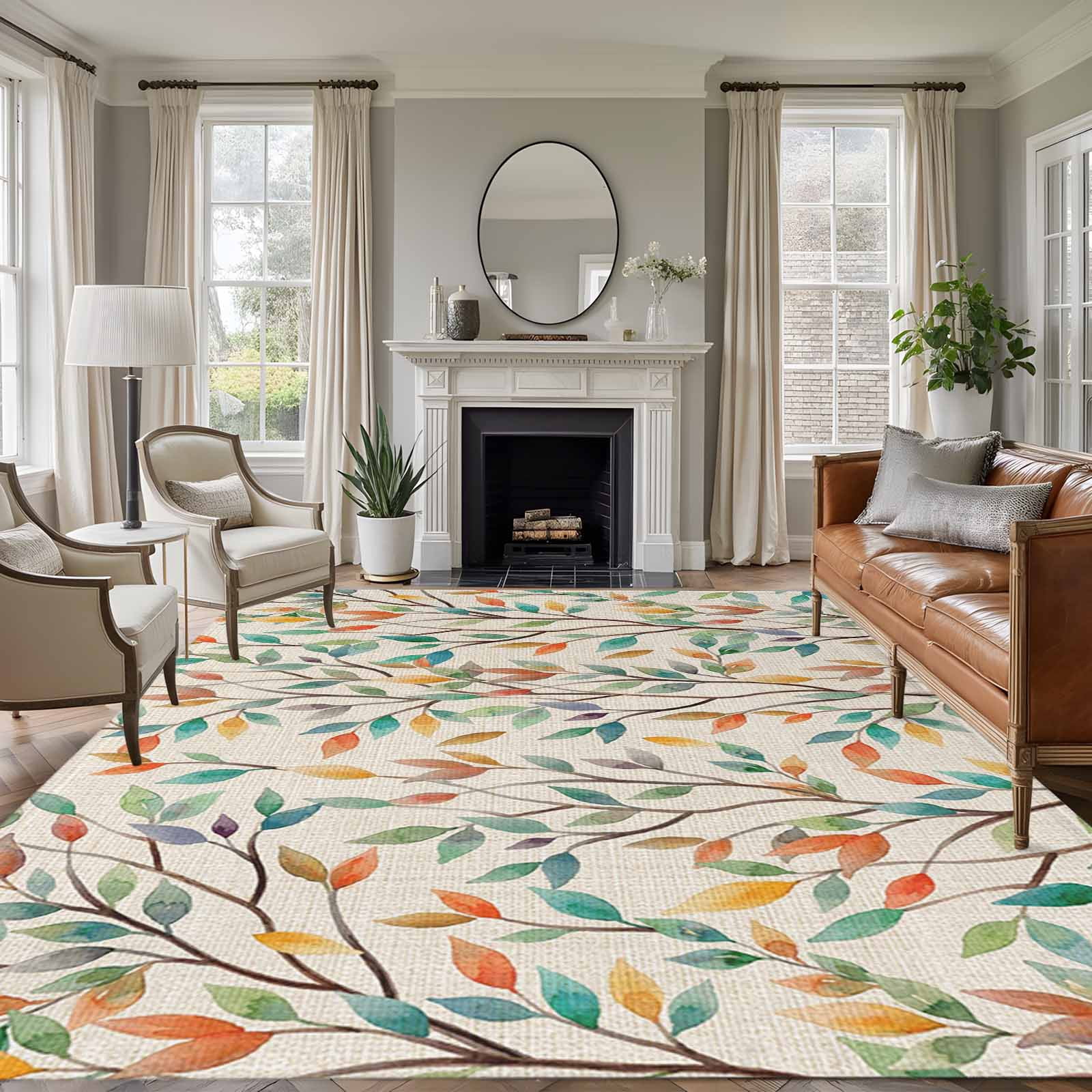 Large Area Rugs for Living Room Bedroom, Teal Orange Eucalyptus 5'x8' Rug Washable Carpet Runner Indoor Outdoor, Spring Botanical Leaves Non Slip Floor Mats Rug for Kitchen, Bathroom
