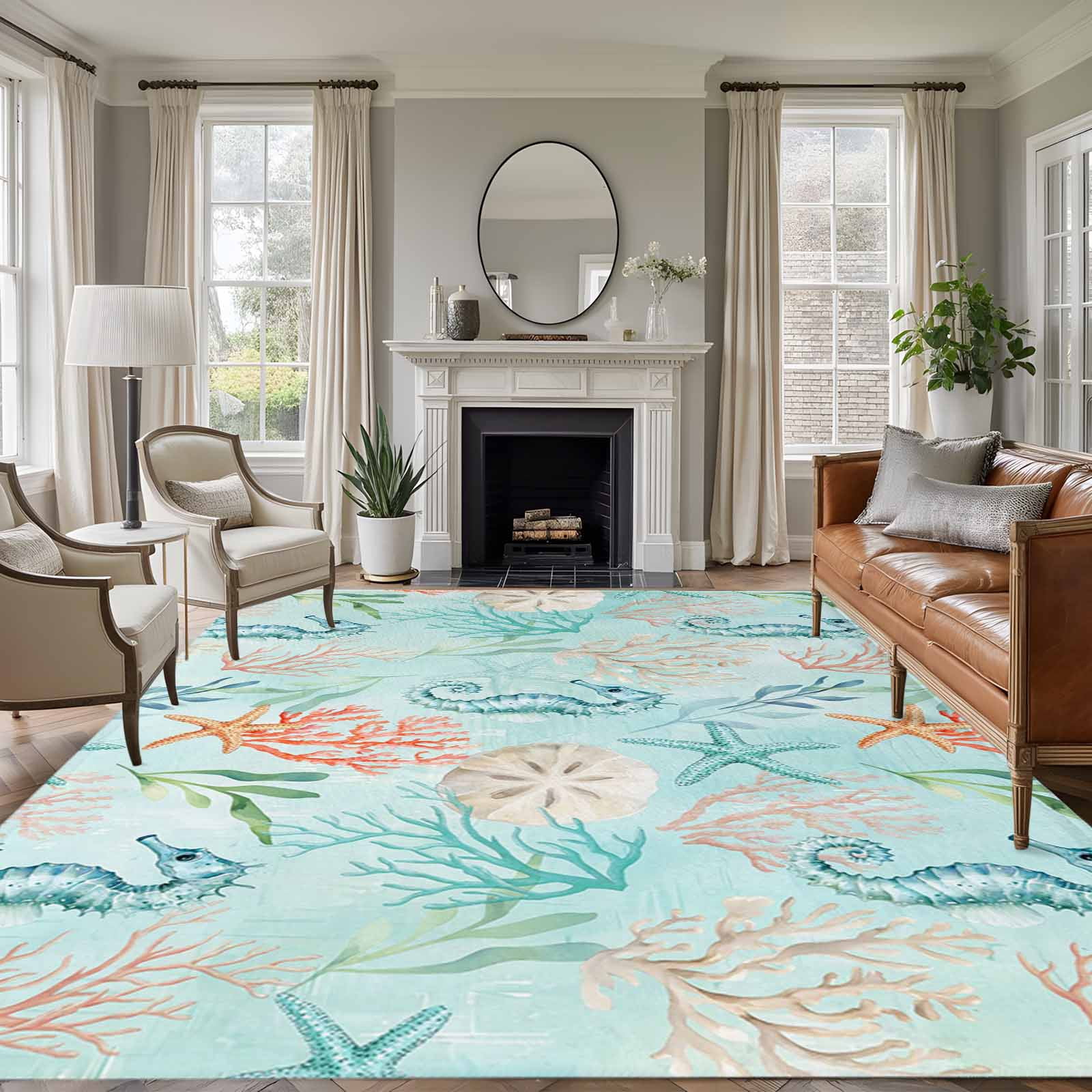 Large Area Rugs for Living Room Bedroom, Teal Red Coastal 8'x10' Rug Washable Carpet Runner Indoor Outdoor, Nautical Seahorse Beach Coral Starfish Non Slip Floor Mats Rug for Kitchen, Patio