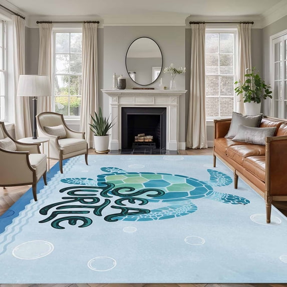 Large Area Rugs for Living Room Bedroom, Teal Sea Turtle 8'x10' Rug Washable Carpet Runner Indoor Outdoor, Coastal Ocean Summer Ocean Waves Non Slip Floor Mats Rug for Kitchen, Patio