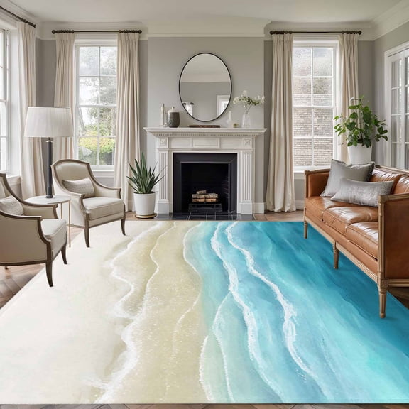 Large Area Rugs for Living Room Bedroom, Teal Summer Beach 8'x10' Rug Washable Carpet Runner Indoor Outdoor, Coastal Nautical Seaside Ocean Non Slip Floor Mats Rug for Kitchen, Patio