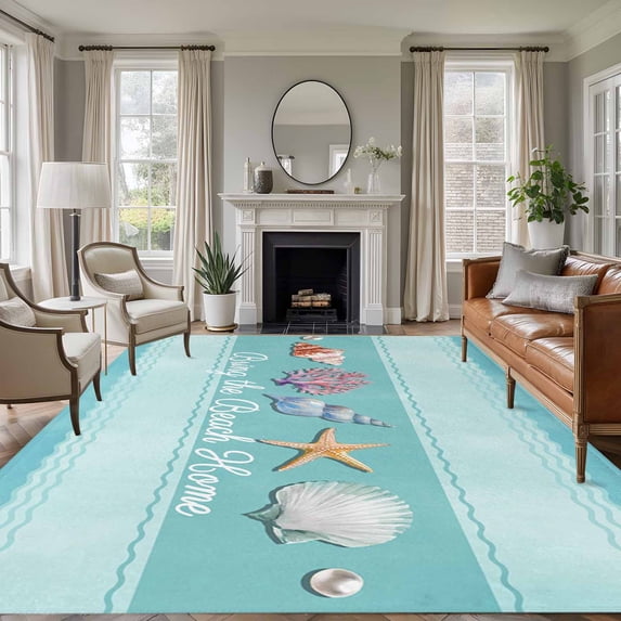 Large Area Rugs for Living Room Bedroom, Teal Summer Coastal 6'x9' Rug Washable Carpet Runner Indoor Outdoor, Modern Ocean Waves Starfish Shell Non Slip Floor Mats Rug for Kitchen, Playroom