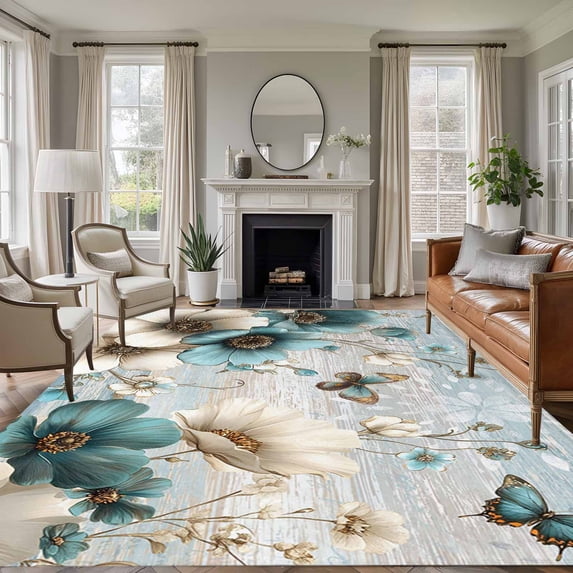 Large Area Rugs for Living Room Bedroom, Teal Tulip Butterfly 5'x8' Rug Washable Carpet Runner Indoor Outdoor, Beige Turquoise Floral Farmhouse Blue Non Slip Floor Mats Rug for Kitchen, Bathroom