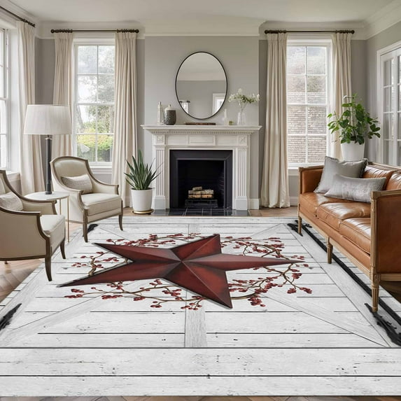Large Area Rugs for Living Room Bedroom, Texas Star Retro 8'x10' Rug Washable Carpet Runner Indoor Outdoor, Vintage Red Wooden Berry Non Slip Floor Mats Rug for Kitchen, Patio