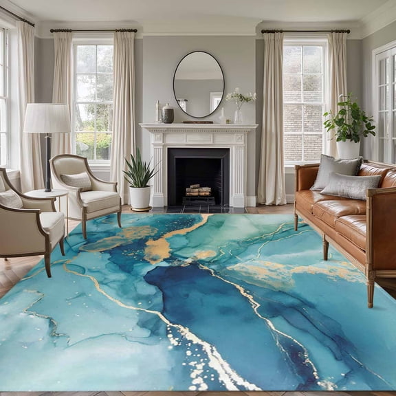 Large Area Rugs for Living Room Bedroom, Turquoise Marble 6'x9' Rug Washable Carpet Runner Indoor Outdoor, Modern Abstract Art Ombre Blue Non Slip Floor Mats Rug for Kitchen, Playroom