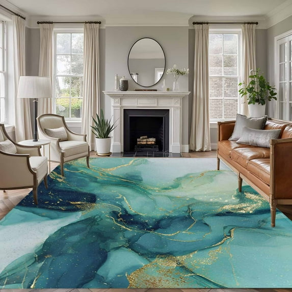 Large Area Rugs for Living Room Bedroom, Turquoise Marble 8'x10' Rug Washable Carpet Runner Indoor Outdoor, Modern Abstract Art Aesthetics Non Slip Floor Mats Rug for Kitchen, Patio