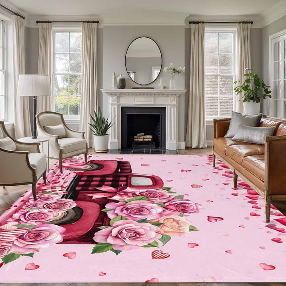 Large Area Rugs for Living Room Bedroom, Valentine's Day 5'x8' Rug Washable Carpet Runner Indoor Outdoor, Romantic Love Roses Truck Ombre Pink Non Slip Floor Mats Rug for Kitchen, Bathroom
