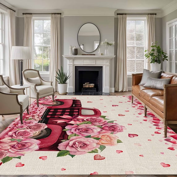 Large Area Rugs for Living Room Bedroom, Valentine's Day 5'x8' Rug Washable Carpet Runner Indoor Outdoor, Romantic Love Truck Roses Plaid Beige Non Slip Floor Mats Rug for Kitchen, Bathroom