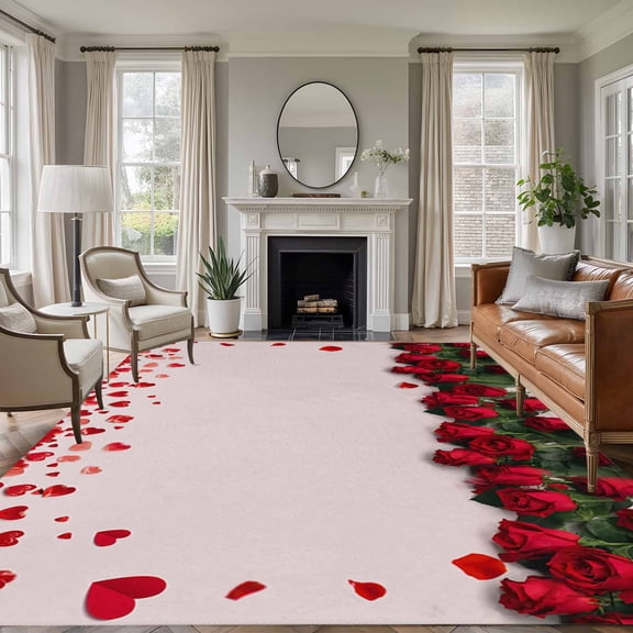 Large Area Rugs for Living Room Bedroom, Valentine's Day 6'x9' Rug Washable Carpet Runner Indoor Outdoor, Romantic Red Rose Petals Flowers Branches Non Slip Floor Mats Rug for Kitchen, Playroom
