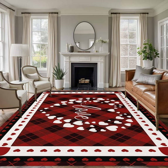 Large Area Rugs for Living Room Bedroom, Valentine's Day 8'x10' Rug Washable Carpet Runner Indoor Outdoor, Geometric Love Heart Red Black Plaid Non Slip Floor Mats Rug for Kitchen, Patio