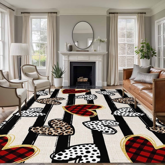 Large Area Rugs for Living Room Bedroom, Valentine's Day 8'x10' Rug Washable Carpet Runner Indoor Outdoor, Love Heart Leopard Dots Retro Stripes Non Slip Floor Mats Rug for Kitchen, Patio