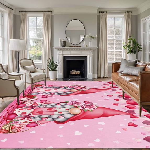 Large Area Rugs for Living Room Bedroom, Valentine's Day 8'x10' Rug Washable Carpet Runner Indoor Outdoor, Ombre Pink Gnomes Love Roses Romantic Non Slip Floor Mats Rug for Kitchen, Patio