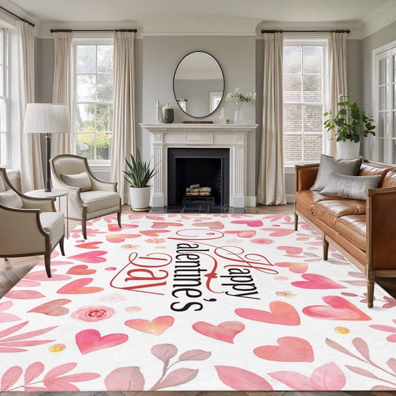 Large Area Rugs for Living Room Bedroom, Valentine's Day 8'x10' Rug Washable Carpet Runner Indoor Outdoor, Peach Pink Love Floral Modern Romantic Non Slip Floor Mats Rug for Kitchen, Patio