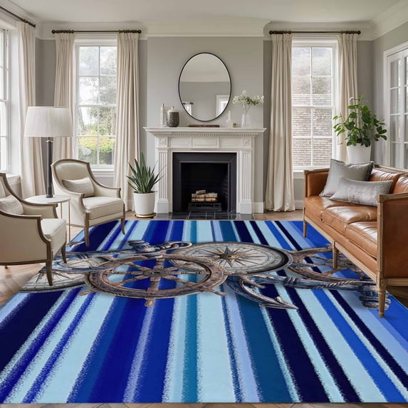 Large Area Rugs for Living Room Bedroom, Vintage Anchor Nautical 5'x8' Rug Washable Carpet Runner Indoor Outdoor, Coastal Blue Striped Non Slip Floor Mats Rug for Kitchen, Bathroom