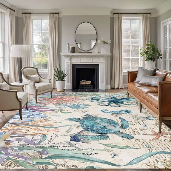 Large Area Rugs for Living Room Bedroom, Vintage Coastal 5'x8' Rug Washable Carpet Runner Indoor Outdoor, Sea Turtle Octopus Coral Beach Nautical Non Slip Floor Mats Rug for Kitchen, Bathroom