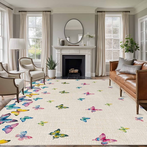Large Area Rugs for Living Room Bedroom, Vintage Colorful Butterfly 6'x9' Rug Washable Carpet Runner Indoor Outdoor, Watercolor Butterflies Rustic Non Slip Floor Mats Rug for Kitchen, Playroom