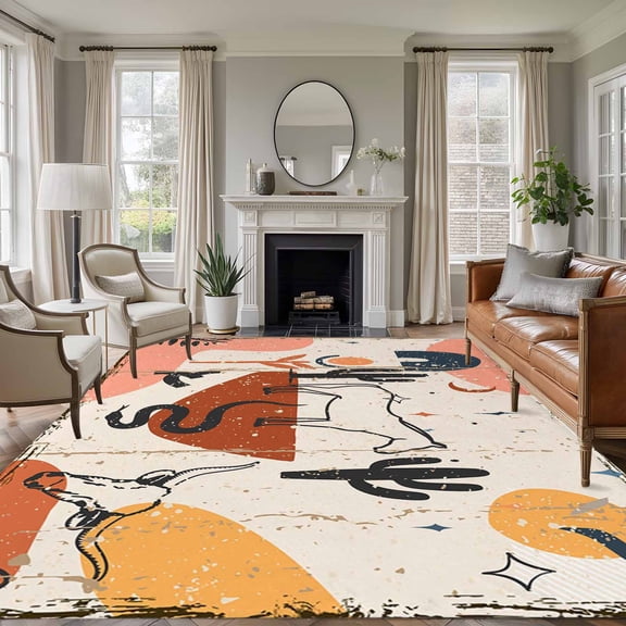 Large Area Rugs for Living Room Bedroom, Western Boho 6'x9' Rug Washable Carpet Runner Indoor Outdoor, Vintage Abstract Horse Cactus Plant Offwhite Non Slip Floor Mats Rug for Kitchen, Playroom