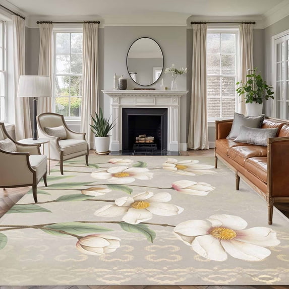 Large Area Rugs for Living Room Bedroom, White Floral 5'x8' Rug Washable Carpet Runner Indoor Outdoor, Spring Botanical Vintage Flower Leaf Plant Non Slip Floor Mats Rug for Kitchen, Bathroom