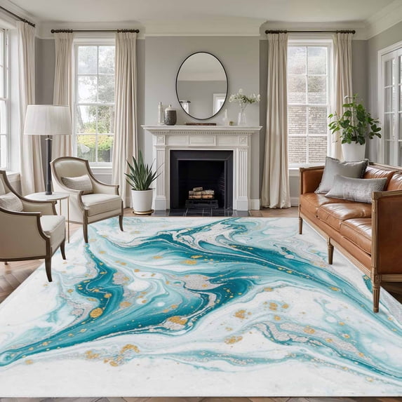 Large Area Rugs for Living Room Bedroom, White Teal Marble 8'x10' Rug Washable Carpet Runner Indoor Outdoor, Modern Abstract Art Marble Fluid Non Slip Floor Mats Rug for Kitchen, Patio