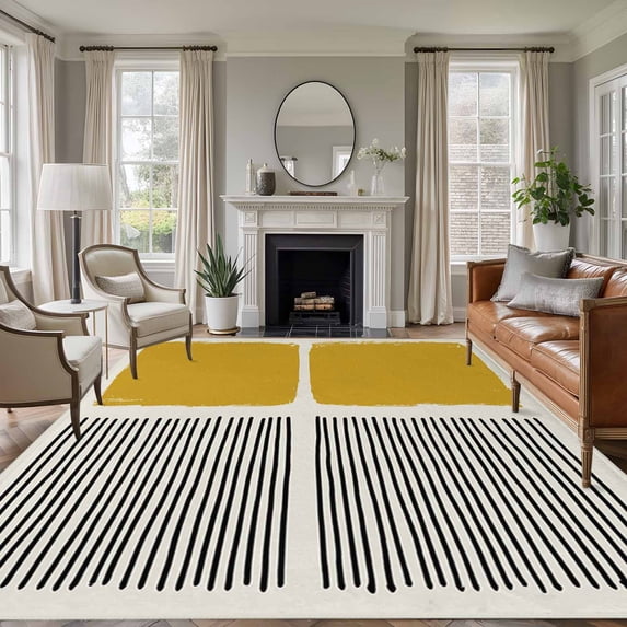 Large Area Rugs for Living Room Bedroom, Yellow 8'x10' Rug Washable Carpet Runner Indoor Outdoor, Modern Painting Farmhouse Striped Abstract Art Non Slip Floor Mats Rug for Kitchen, Patio