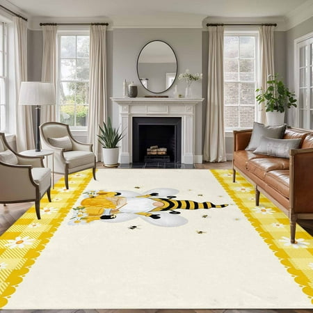 Large Area Rugs for Living Room Bedroom, Yellow Bees Gnomes 6'x9' Rug Washable Carpet Runner Indoor Outdoor, Farmhouse Spring Floral Checkered Non Slip Floor Mats Rug for Kitchen, Playroom