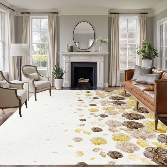 Large Area Rugs for Living Room Bedroom, Yellow Brown Spring Floral 8'x10' Rug Washable Carpet Runner Indoor Outdoor, Watercolor Summer Botanical Non Slip Floor Mats Rug for Kitchen, Patio