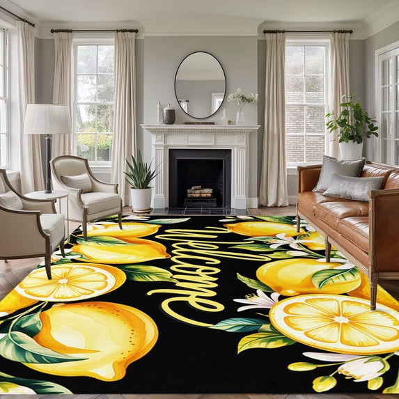 Large Area Rugs for Living Room Bedroom, Yellow Lemons 5'x8' Rug Washable Carpet Runner Indoor Outdoor, Summer Fruits Leaves Botanical Black Non Slip Floor Mats Rug for Kitchen, Bathroom