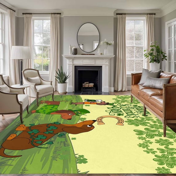 Large Area Rugs for Living Room Bedroom, Yellow St. Patrick's Day 5'x8' Rug Washable Carpet Runner Indoor Outdoor, Green Lucky Clovers Dog Non Slip Floor Mats Rug for Kitchen, Bathroom