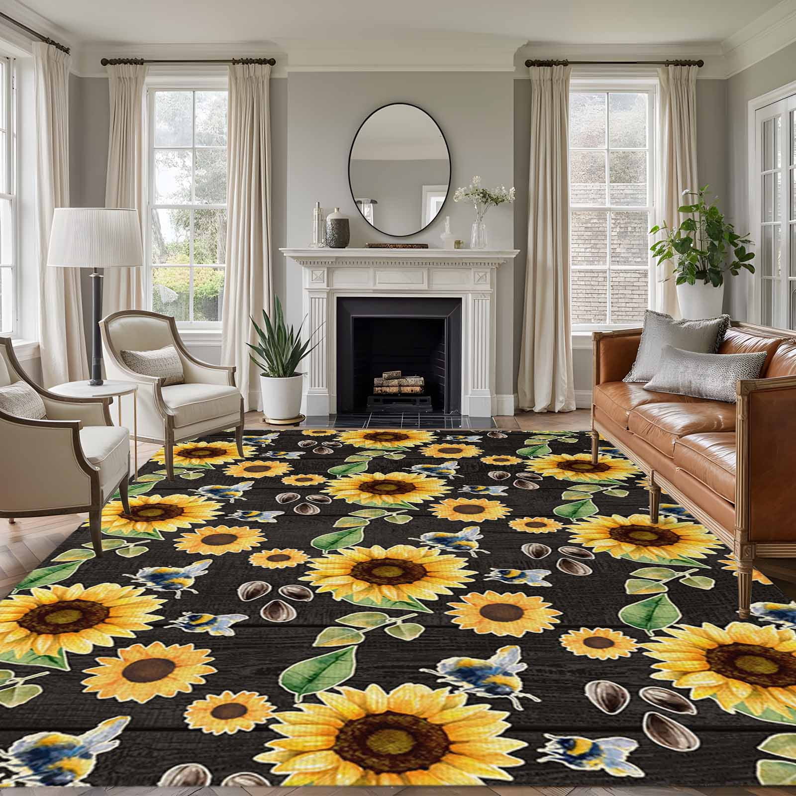 Large Area Rugs for Living Room Bedroom, Yellow Sunflowers 5'x8' Rug Washable Carpet Runner Indoor Outdoor, Summer Botanical Elegant Pastoral Bees Non Slip Floor Mats Rug for Kitchen, Bathroom
