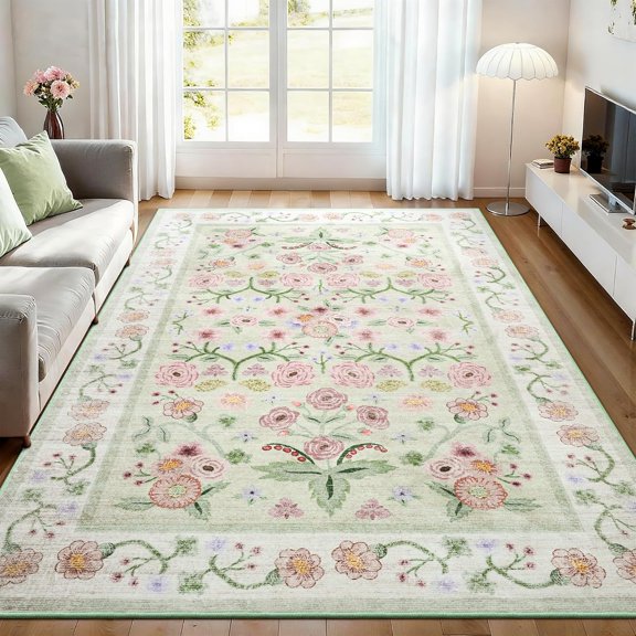 Large Area Rugs for Room , 5x7 Washable Floral Area Rugs, Non-Slip and Stain Resistant Soft Throw Indoor Carpet for Dining Room Office Kitchen Dorm Decor,