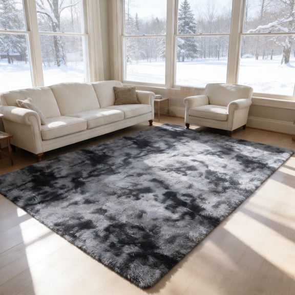 Area Rugs for Living Room Bedroom, 5'x8' Soft Fluffy Shag Indoor Floor Carpet for Living Room Bedroom Dining Room Office Home Decor, Tie-dye Dark Gray