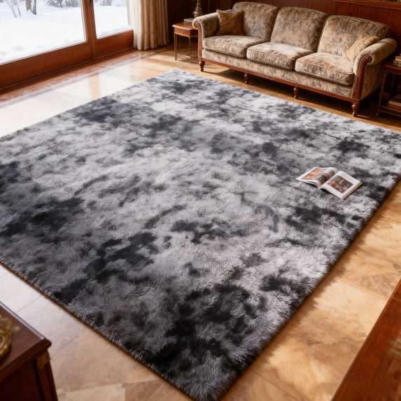Area Rugs for Living Room Bedroom, 9'x12' Soft Fluffy Shag Indoor Floor Carpet for Living Room Bedroom Dining Room Office Home Decor, Tie-dye Dark Gray