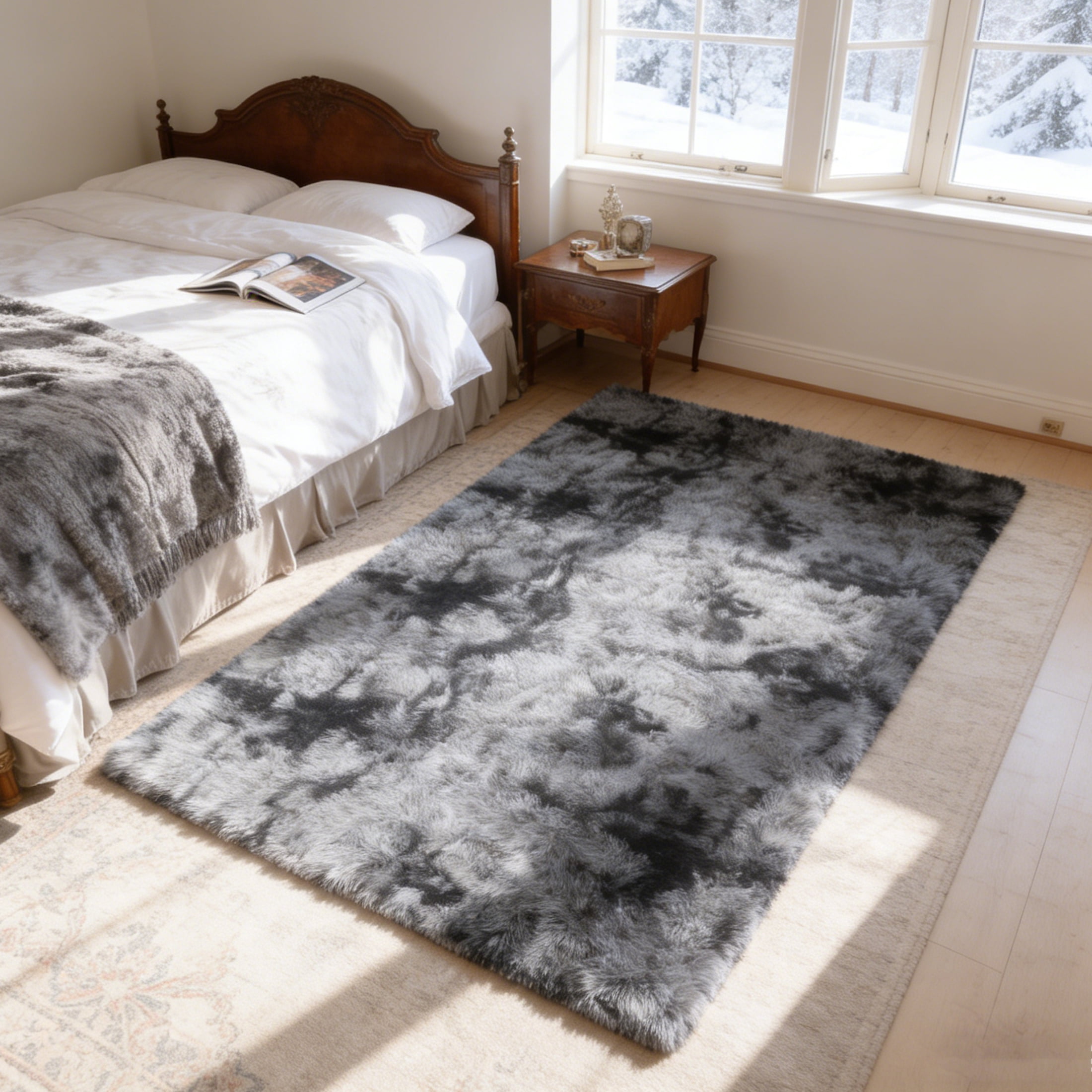 Area Rugs for Living Room Bedroom, 4'x6' Soft Fluffy Shag Indoor Floor Carpet for Living Room Bedroom Dining Room Office Home Decor, Tie-dye Dark Gray