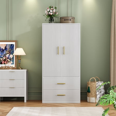 Large Armoire Wardrobe Closet Collection with 2 Drawers & Hanging Rods, Freestanding Wardrobe Closet with 2 Doors, Bedroom Armoires and Wardrobes, (White)