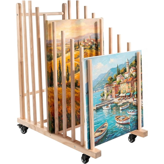 Large Art Storage Rack with Caster Wheels and Trays|Heavy Duty Wood Art Drying Rack for Canvas, Drawing Boards, Printed Matter, 30x30x8 Inch