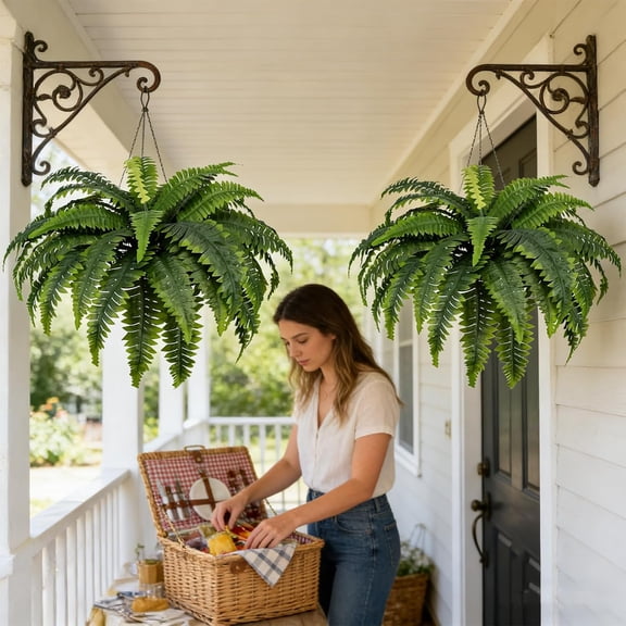 Large Artificial Boston Fern for Outdoors, UV Resistant Fake Ferns for Hanging Baskets & Porch, 28/38/60/88 Fronds Lifelike Faux Fern Plants Bundles, Outdoor/Indoor Decor, No Pot (2, 38-Leaf)