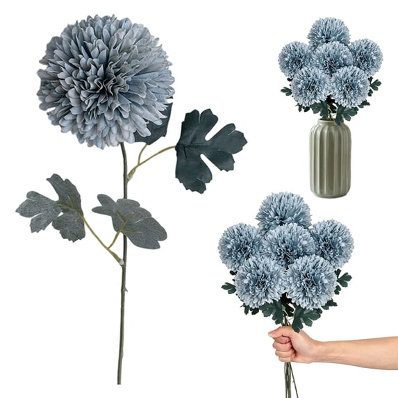 Large Artificial Chrysanthemum Flower, 22" Long 4" Head Faux Bloom for Wedding Table Centerpiece, Home Vase Decor, Blue, By Preplabs