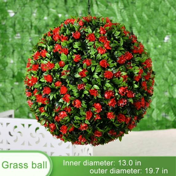 Large Artificial Flower Grass Topiary Ball,Faux Plants Decorative Balls-Indoor Outdoor Wedding Party Decor,Faux Foliage Garden Sphere for Garden,Balcony- Red 19.7in