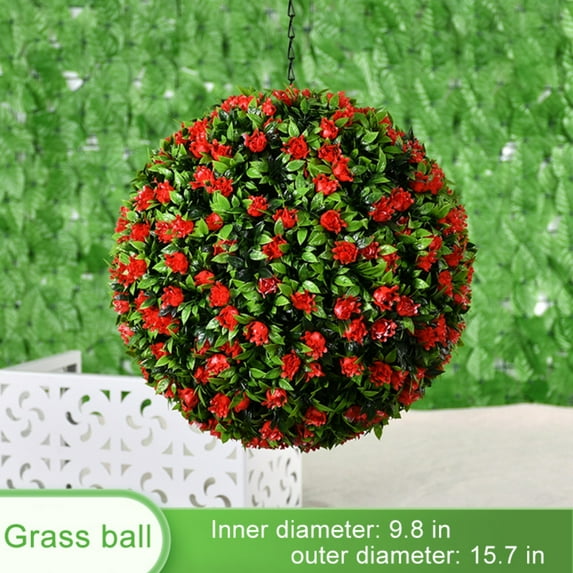 Large Artificial Flower Grass Topiary Ball,Faux Plants Decorative Balls-Indoor Outdoor Wedding Party Decor,Faux Foliage Garden Sphere for Garden,Balcony- Red 15.7in