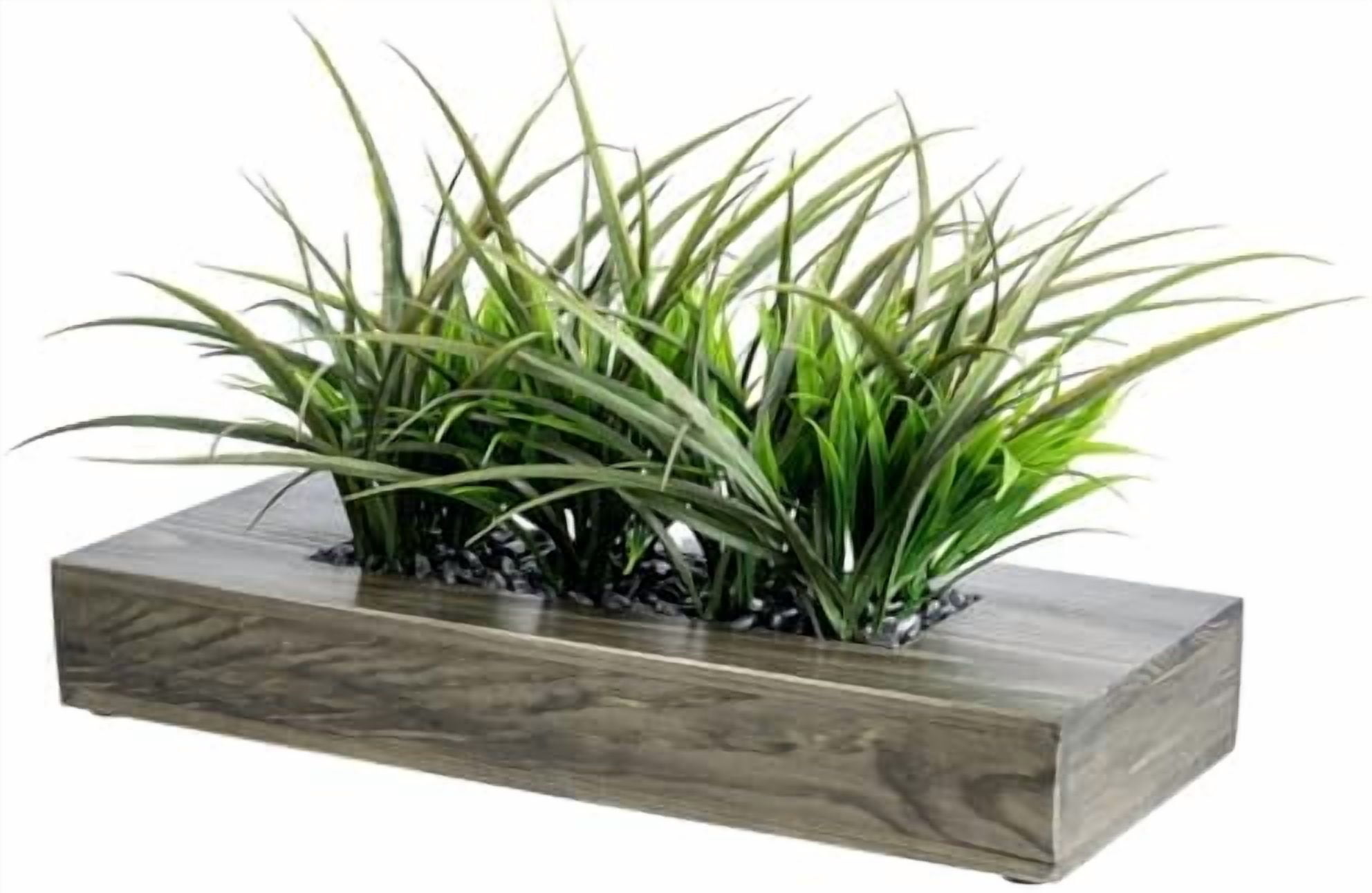 Large Artificial Green Grass Plants Potted in 14 Inch Vintage Weathered Gray Solid Wood Rectangular Planter Box, Decorative Tabletop Faux Greenery Centerpiece Décor