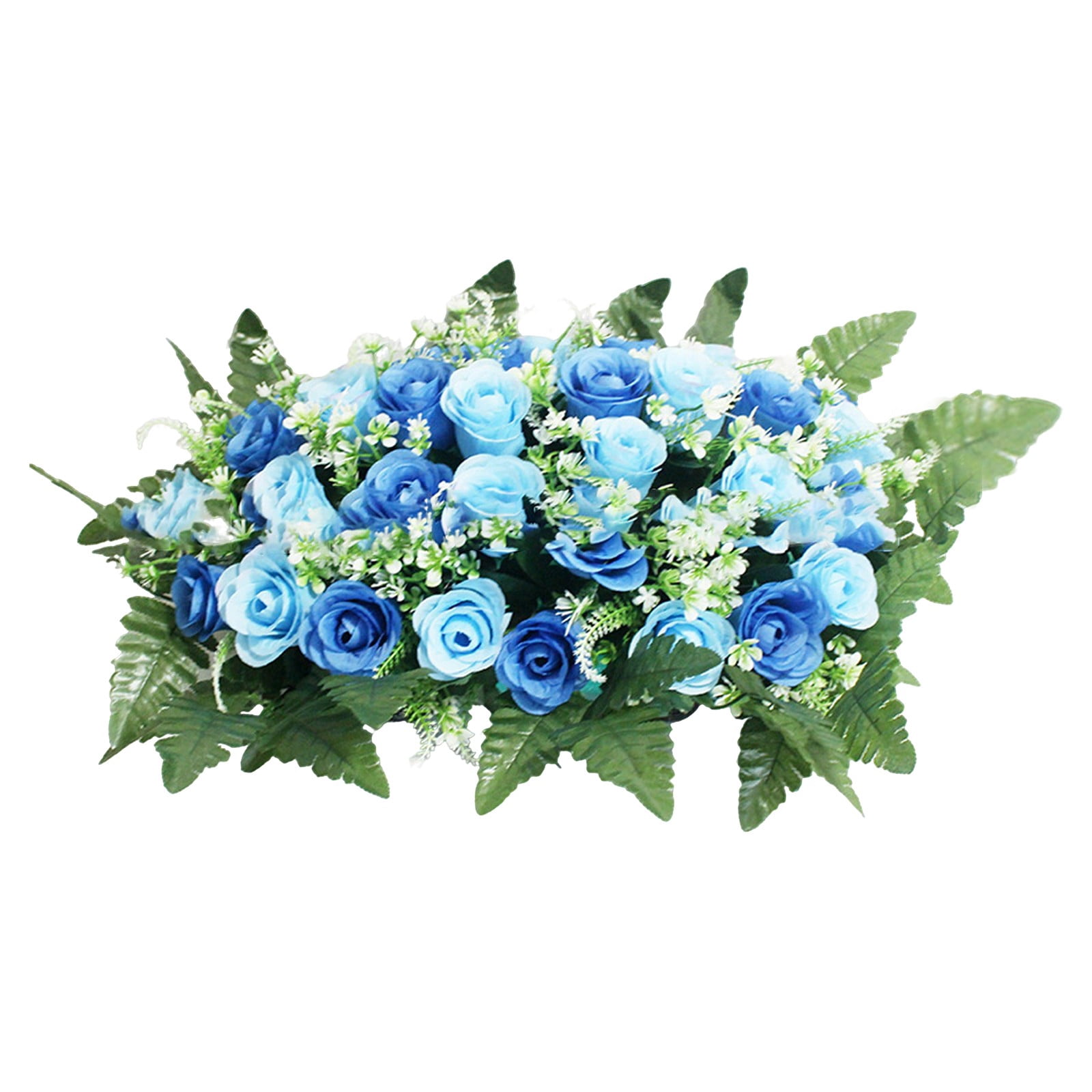 Large Artificial Headstone Flower Saddle for Graves, White Cemetery Memorial Flowers for Outdoor Tombstone Decorations,Peacock Blue 67*34cm