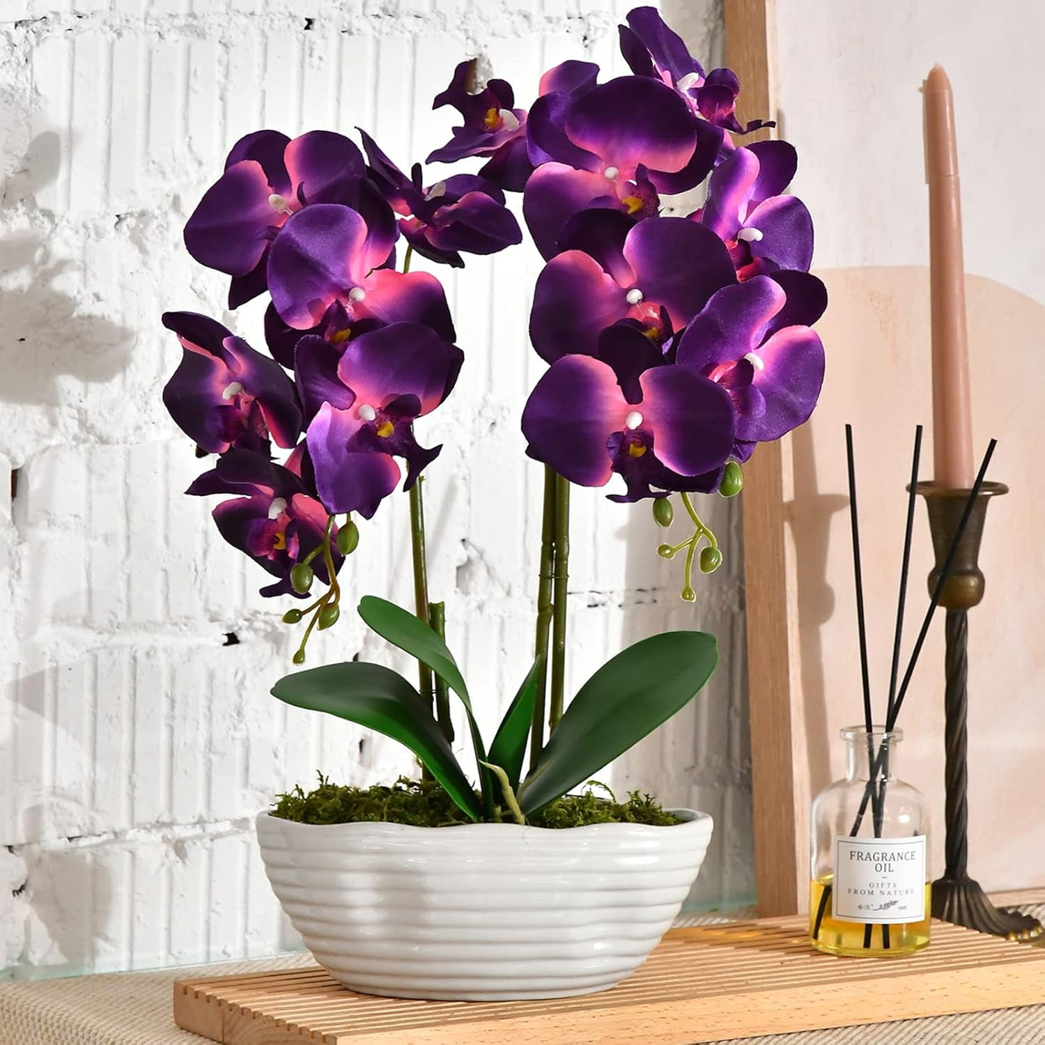 Large Artificial Potted Orchid Plant - Silk Flower Arrangement In White Ceramic Vase (17.7" H) - View #4