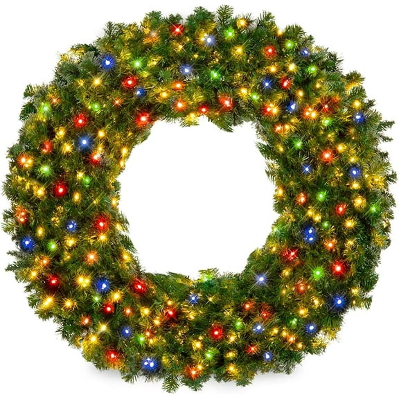 Large Artificial Pre-Lit Fir Christmas Wreath Holiday Accent Decoration w Multicolor Lights, Tips