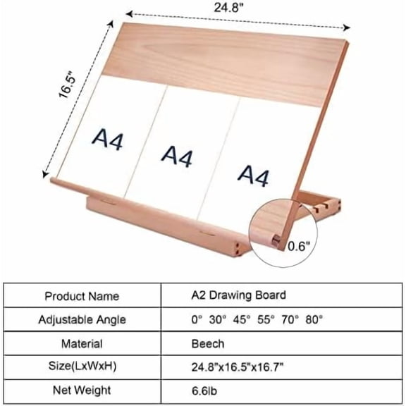 Large Artist Drawing & Sketching Board, 6-Position Adjustable Wood Drafting Table Easel, 24.8" L x 16.5" W (A2) Art Easel for Artist, Beginners, Students