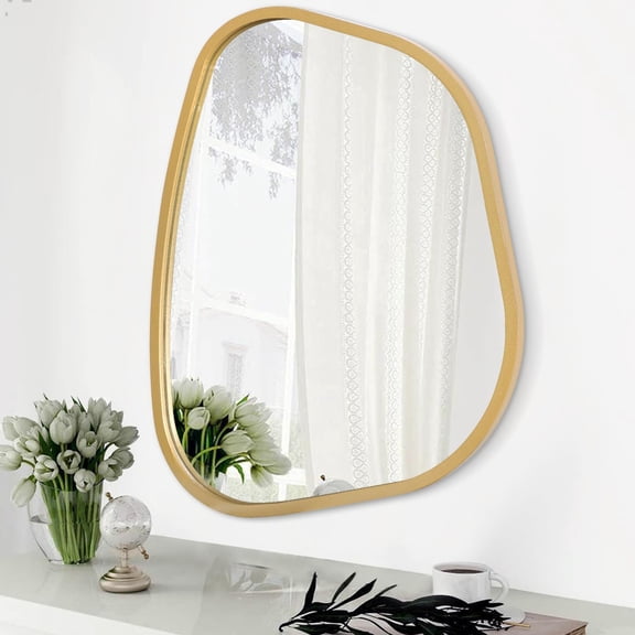 Large Asymmetrical Wall Mirror Irregular Wood Frame Modern Unique Wall-Mounted Artistic Wavy Mirror Decor Bathroom Vanity Bedroom Living Room Entryway Hallway 26"x18"